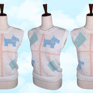 Pastel Sleeveless Sweater Size SM Scottie Dog 90s Retro Cottage Animal Kidcore